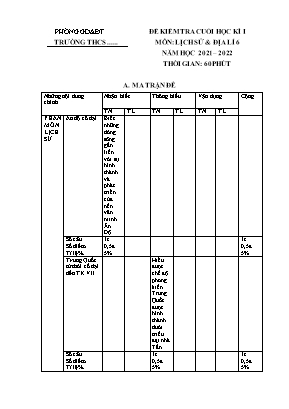Đề kiểm tra cuối học kì I môn Lịch sử & địa lí 6 - Năm học 2021-2022 (Có đáp án)